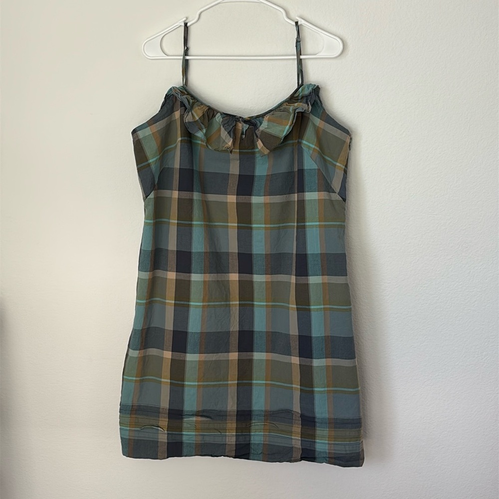 LOFT Plaid tunic top with ruffle spaghetti straps Green Blue and Brown SIZE 18